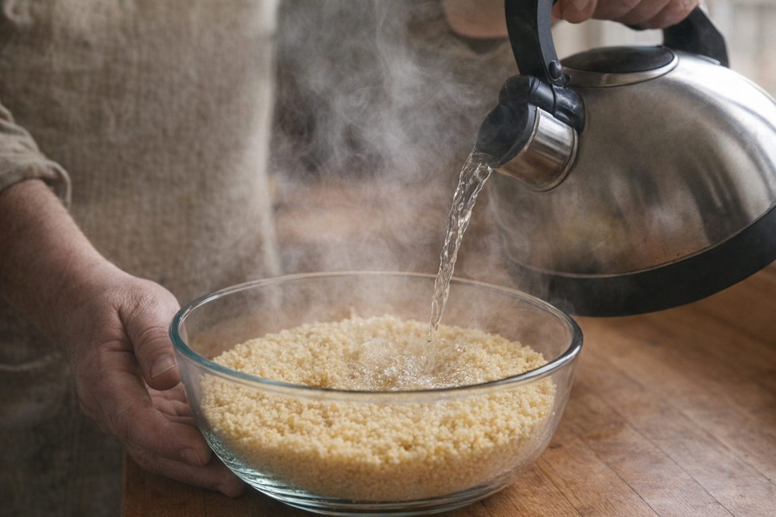 A close-up shot of boiling water being poured over dry couscous in a glass bowl, steam rising, hands holding a kettle